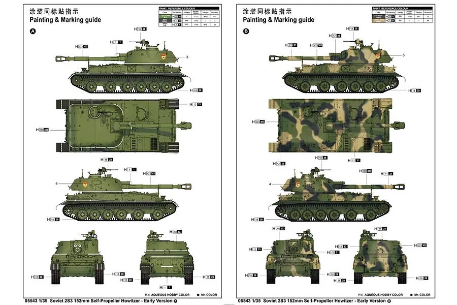 A technical painting and marking guide for a 1/35 scale Trumpeter Soviet 2S3 self-propelled gun model kit, showing side, top, front, and rear views.