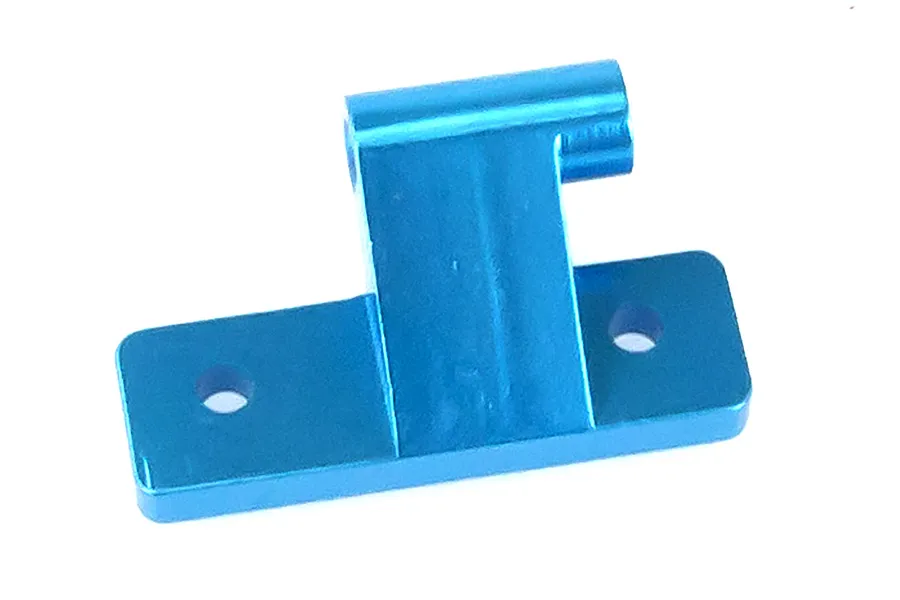 A blue anodized aluminium RC wing mount bracket with two mounting holes on a white background.