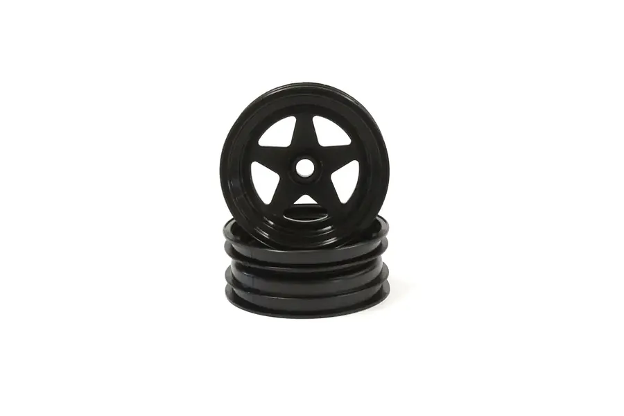 Two black 5-spoke RC car rims stacked on top of each other against a white background.