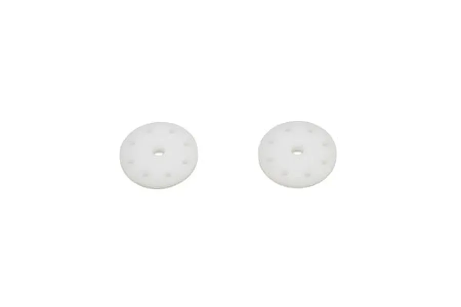 Two white circular RC shock pistons with eight small holes arranged in a ring, shown against a plain white background.