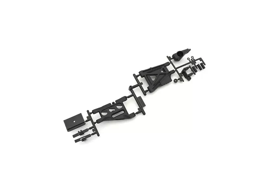 A black plastic RC suspension arm set on a parts tree, isolated on a white background.