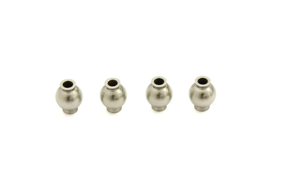 Four silver-coloured metal pivot balls for RC suspension, arranged in a horizontal row against a white background.