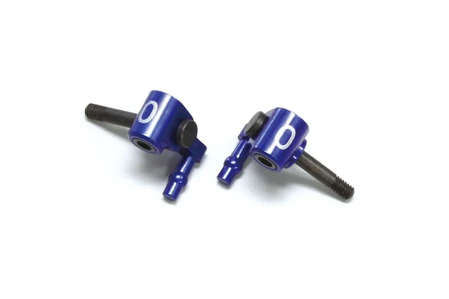 Two blue anodized aluminium steering hubs for RC cars, each featuring a 0 degree camber marking.