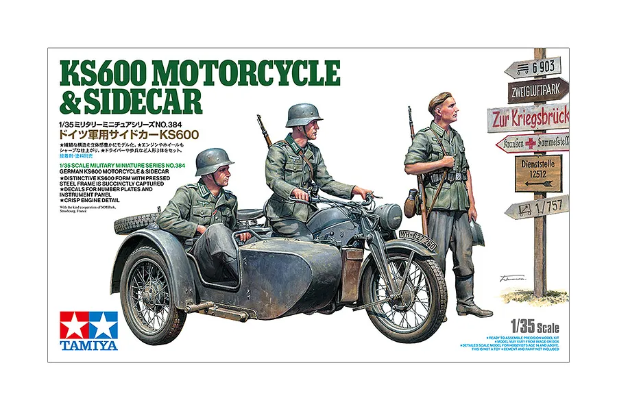 Tamiya 1/35 German KS600 Motorcycle with Sidecar Scaled Plastic Model Kit image 133970