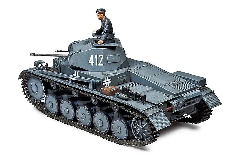A fully assembled and painted 1/48 scale Tamiya German Panzer II tank model with a crew figure in the turret, viewed from the rear three-quarter angle.