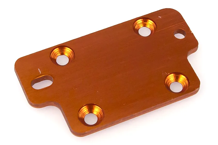 An orange anodized aluminium servo mount plate for RC vehicles, featuring multiple countersunk screw holes.
