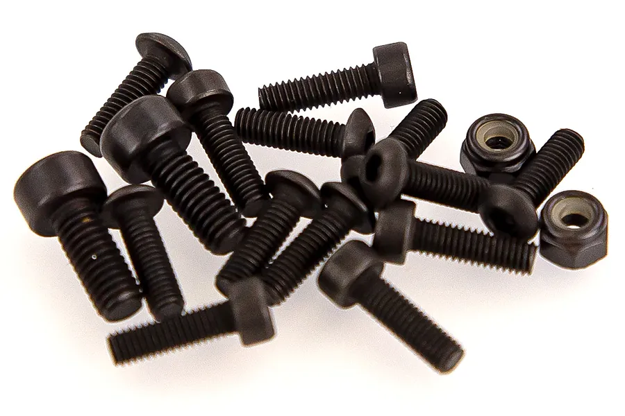 A pile of black metal socket head cap screws and two nylon lock nuts on a white background.