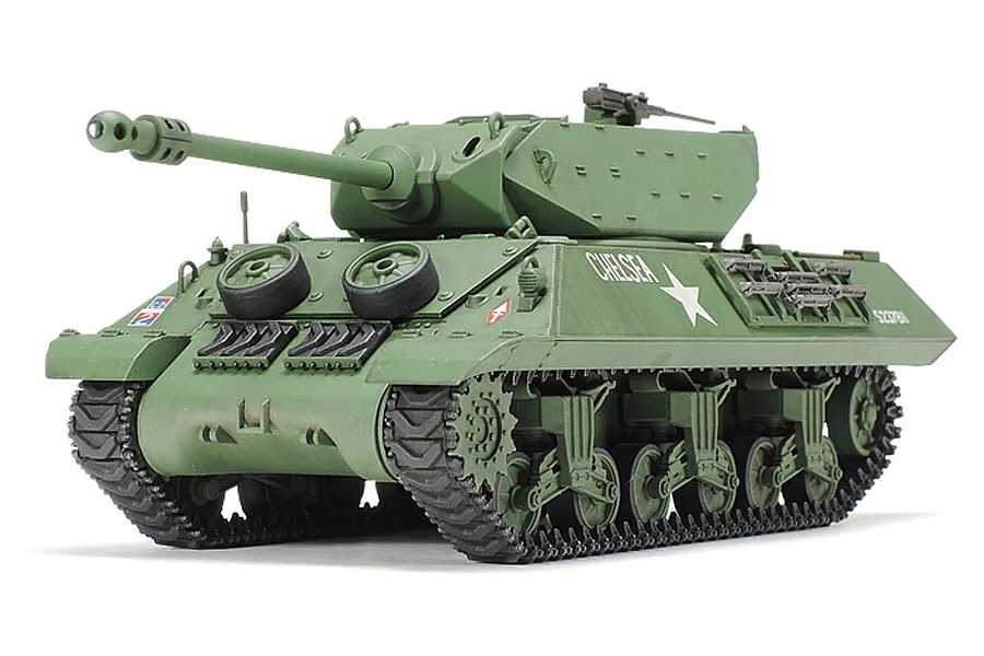 A fully assembled and painted 1/48 scale Tamiya British M10 IIC Achilles tank model kit on a white background.