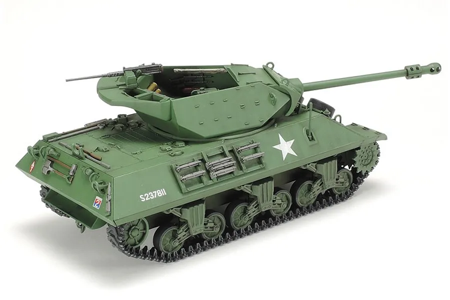 A fully assembled and painted 1/48 scale Tamiya British M10 IIC Achilles tank model, shown from a rear three-quarter angle against a white background.
