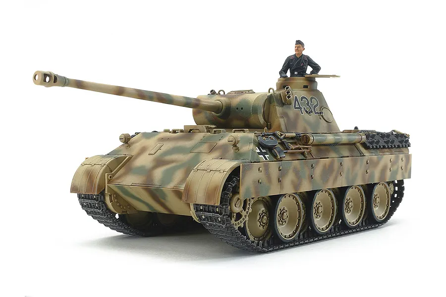 A fully assembled and painted 1/48 scale Tamiya German Panther Ausf.D tank model with a crew figure in the turret against a white background.