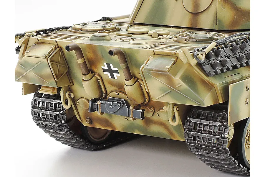Close-up rear view of a 1/48 scale Tamiya German Panther Ausf.D tank model, showing detailed camouflage paint, exhaust pipes, and tracks.
