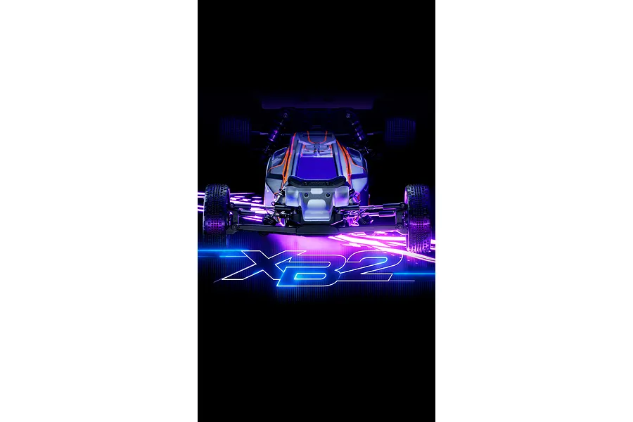 A stylized, low-angle front view of the XRAY XB2'26 RC buggy on a dark background with neon blue and purple light effects and the XB2 logo.