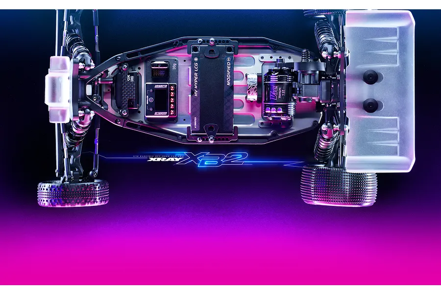 Top-down view of an XRAY XB2 RC buggy chassis on a gradient purple and blue background with neon lighting effects.