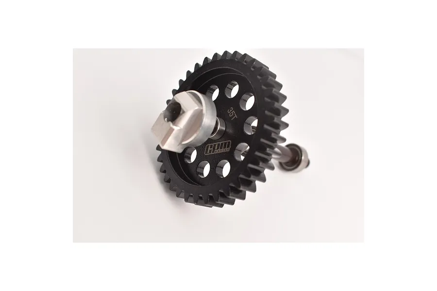 A black GPM Racing 35T spur gear with a metal hub and bearing assembly on a white background.