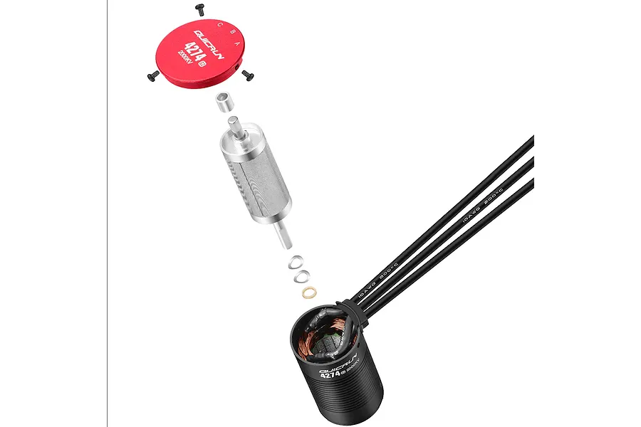 Exploded view of a Hobbywing Quicrun 4274SL 2000Kv brushless motor showing the end cap, rotor, washers, and motor housing with attached wires.
