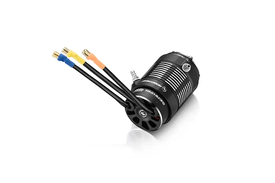 Hobbywing Seaking 4685SL brushless motor with cooling fins, three wires with bullet connectors, and water cooling nipples on a white background.