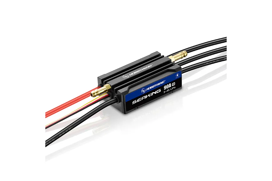 Hobbywing Seaking V4 90A brushless ESC for RC boats with integrated water cooling jacket and black wiring.
