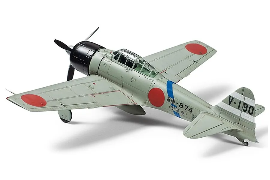 A fully assembled and painted 1/72 scale Tamiya Mitsubishi A6M3 Hamp model aircraft viewed from the rear three-quarter angle.