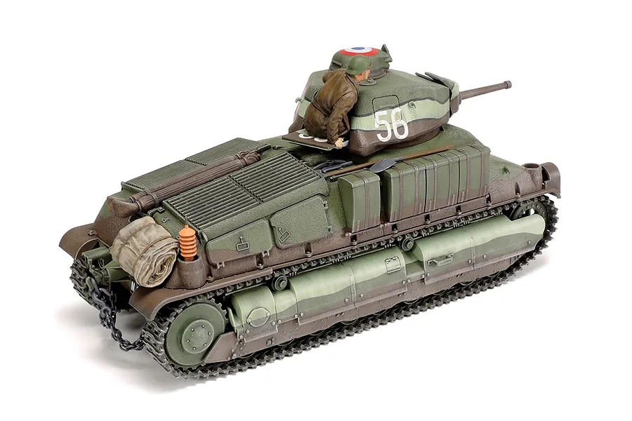 A high-angle rear view of a painted Tamiya 1/35 scale French Somua S35 tank model kit with a crew figure in the turret hatch.