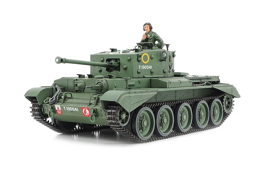 A fully assembled and painted 1/35 scale Tamiya British Cromwell Mk.IV tank model with a crew figure in the turret, set against a plain white background.