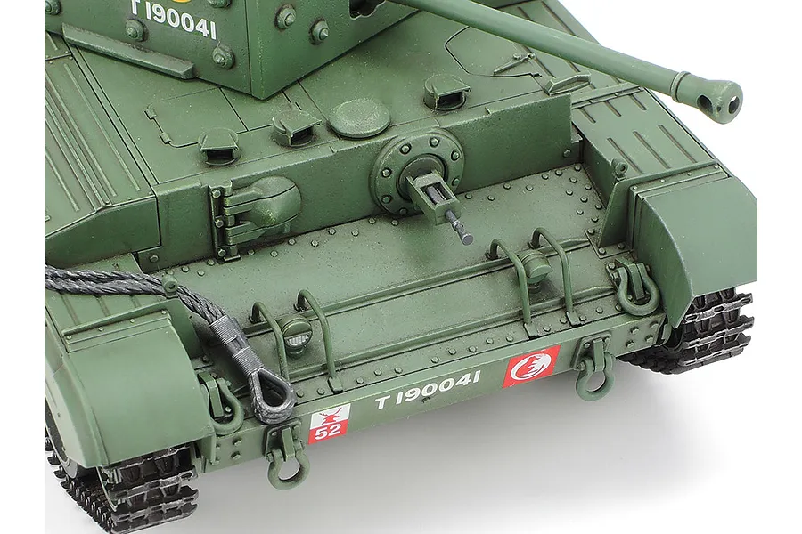 A high-angle close-up of a Tamiya 1/35 scale British Cromwell Mk.IV tank model, showing the front hull, turret, and detailed green camouflage paint.