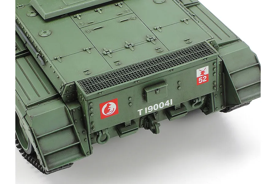 Close-up of the rear deck and engine cover of a Tamiya 1/35 scale British Cromwell Mk.IV tank model, showing detailed decals and green paint finish.
