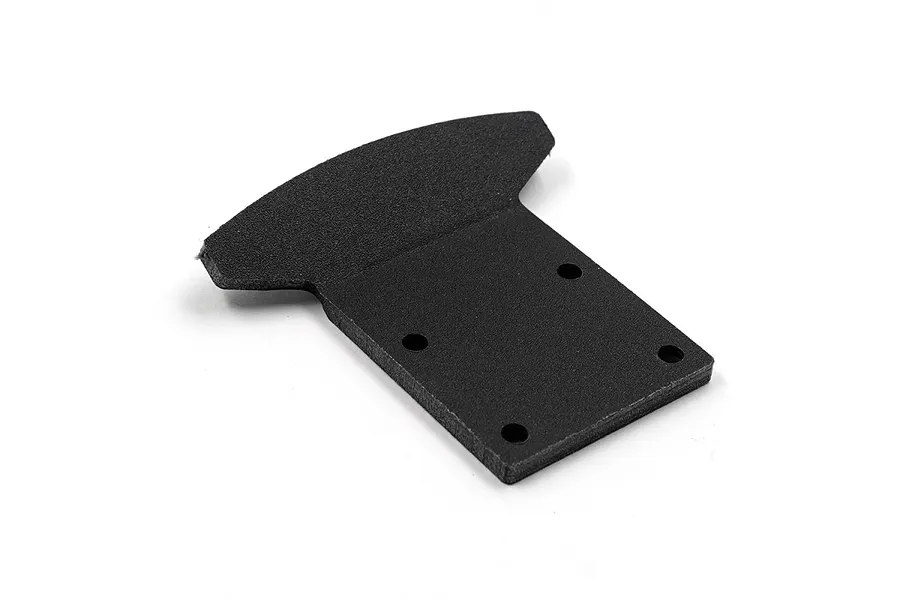 A black, T-shaped foam front bumper for an RC car, shown from a high-angle perspective against a white background.