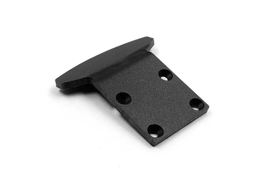 A black T-shaped RC car front bumper with four countersunk mounting holes, shown from a high-angle perspective on a white background.