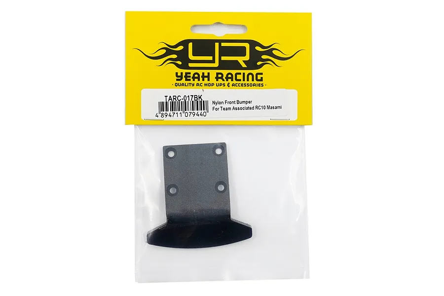 Yeah Racing TARC-017BK nylon front bumper for Team Associated RC10 Masami in original yellow and clear plastic packaging.