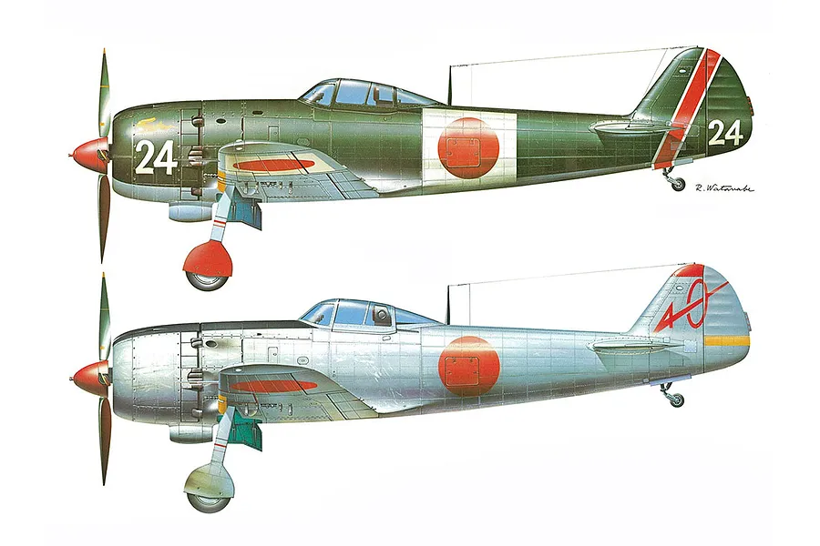 Side profile illustration of two Nakajima Ki-84 Hayate fighter aircraft in different paint schemes against a white background.