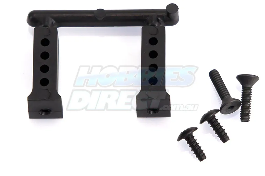 RPM black servo mounting posts with four included screws on a white background.