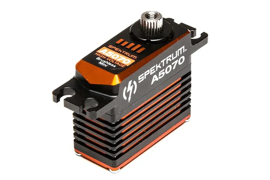 Spektrum A5070 high-voltage brushless mini servo with a black and orange aluminium heatsink case.