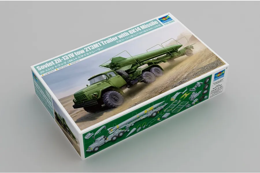 Trumpeter 1/35 scale Soviet Zil-131V tow 2T3M1 trailer with 8K14 missile plastic model kit box.