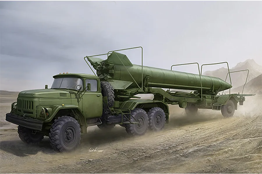 Digital illustration of a green Soviet Zil-131V truck towing a 2T3M1 trailer with an 8K14 missile on a dusty road.