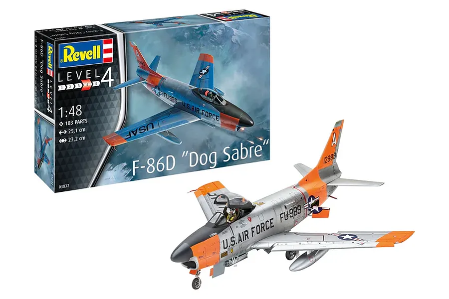 Revell 1/48 scale F-86D Dog Sabre plastic model kit box and a fully assembled, painted model aircraft on a white background.