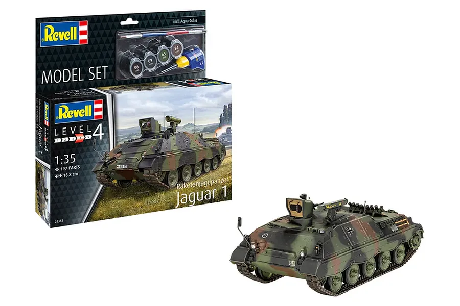 Revell 1/35 scale Raketenjagdpanzer Jaguar 1 plastic model kit box and a fully assembled, painted model tank.