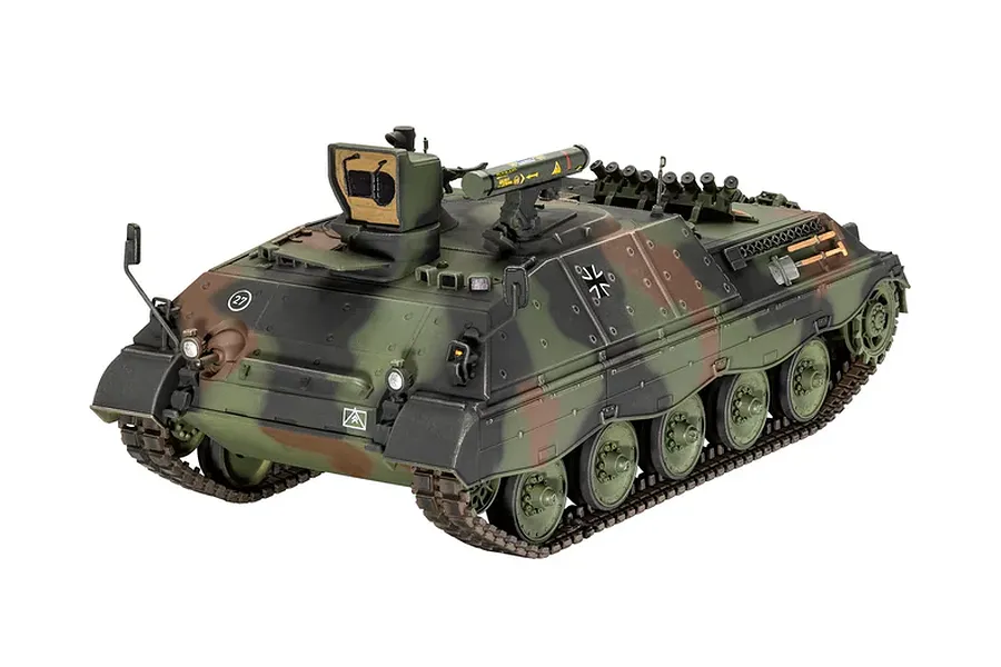 A fully assembled and painted 1/35 scale model of a German Raketenjagdpanzer Jaguar 1 tank destroyer with camouflage paint.