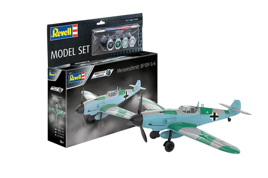 Revell 1/32 scale Messerschmitt BF109G-6 model kit box and a fully assembled, painted model aircraft on a white background.
