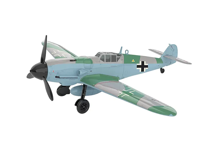 A studio shot of a completed Revell 1/32 scale Messerschmitt Bf 109G-6 plastic model aircraft, painted in a light blue and green camouflage scheme.