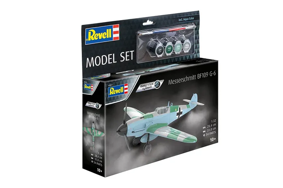 Revell 1/32 scale Messerschmitt BF109 G-6 model kit box showing the finished aircraft, paint pots, and a paintbrush.