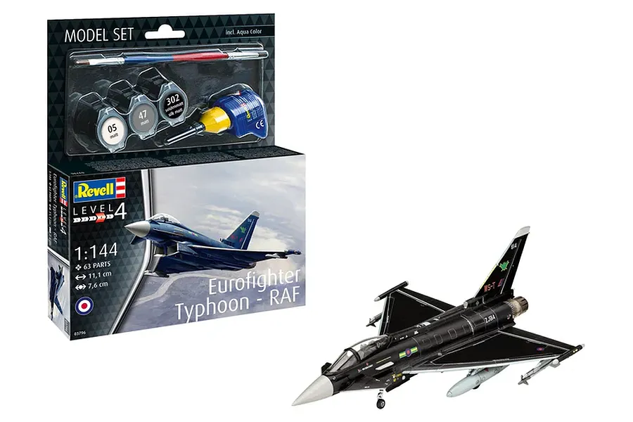 Revell 1/144 scale Eurofighter Typhoon RAF model kit box and a fully assembled, painted black fighter jet model.