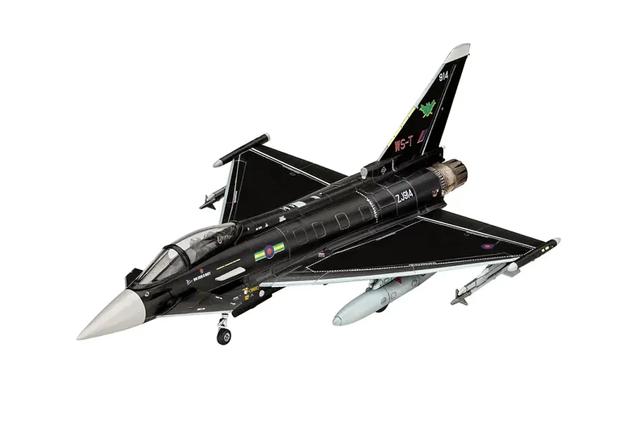 A completed 1/144 scale plastic model of a black RAF Eurofighter Typhoon fighter jet on a white background.