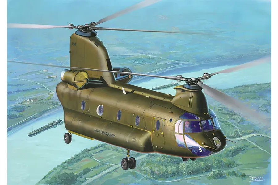 An artistic illustration of a US Army CH-47D Chinook helicopter in flight over a river landscape.
