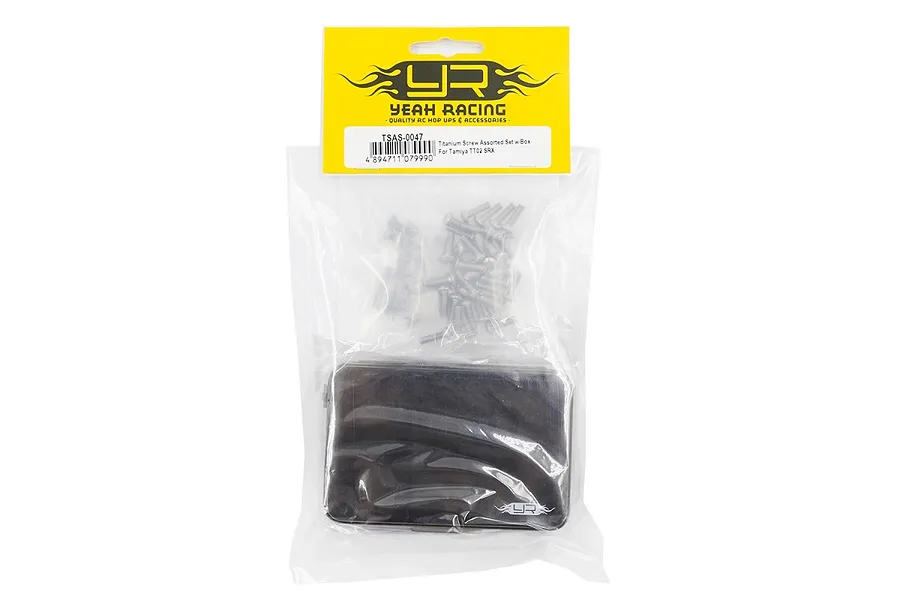 Yeah Racing titanium screw set for Tamiya TT-02 SRX in a plastic storage box, packaged in a clear bag with a yellow header card.