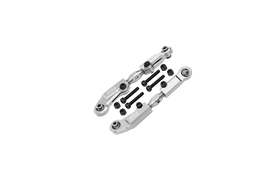 Two silver GPM adjustable steering linkages with mounting hardware on a white background.