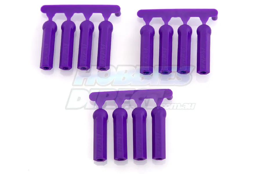 Three sets of four purple RPM rod ends still attached to their plastic molding trees on a white background.