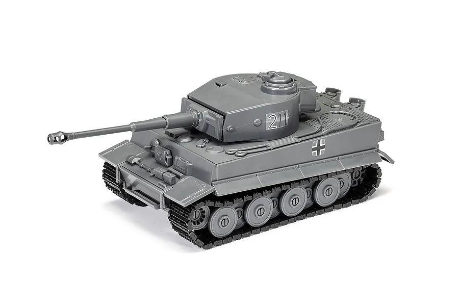 A grey plastic Airfix Quickbuild Tiger 1 tank model kit, fully assembled, featuring the number 211 on the turret and a German cross on the hull.