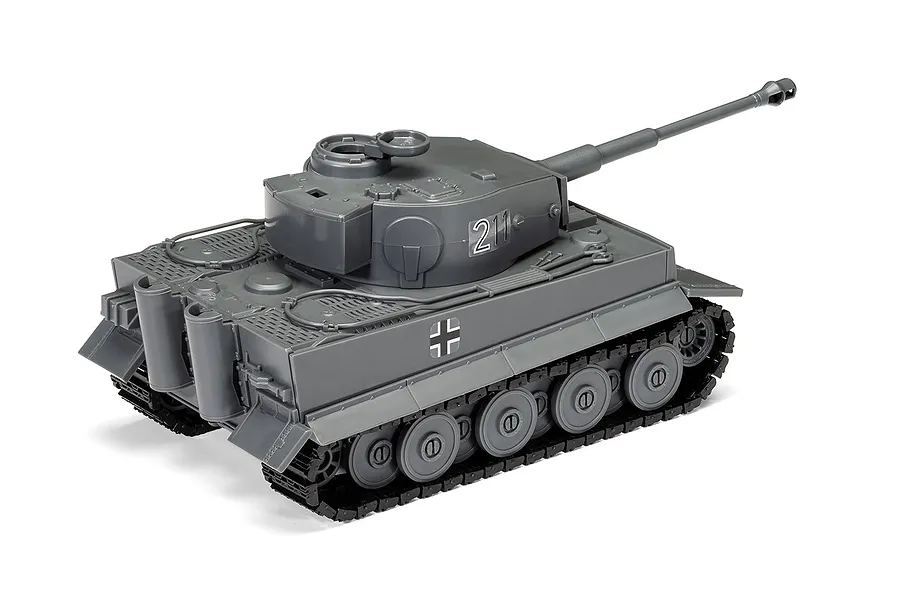 A grey plastic model of a Tiger 1 tank, showing the turret, main gun, and tracks, set against a plain white background.
