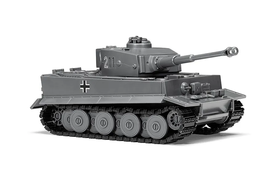 A studio shot of an assembled grey plastic Tiger 1 tank model with the number 211 on the turret and a German cross on the hull side.