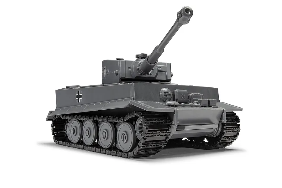 A studio shot of an assembled grey plastic Tiger 1 tank model kit from the Airfix Quickbuild range, shown from a front-quarter angle on a white background.